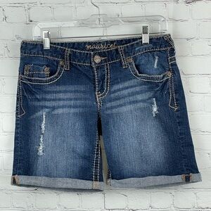 Maurices 5/6 Denim Jean Shorts Cuffed Medium Wash Distressed Inseam 7”